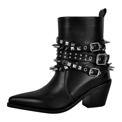 Chunky Heel Rivet Buckle Ankle Boots - Onlymaker