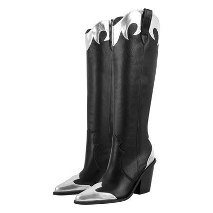 Pointed Toe Metallic Leather Trim Knee High Western Boots - Onlymaker
