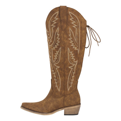 Embroidery Knee High Western Boots - Onlymaker