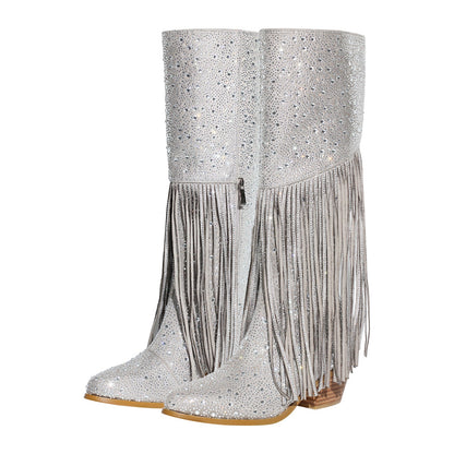 Chunky Heel Rhinestone Tassel Knee High Boots - Onlymaker