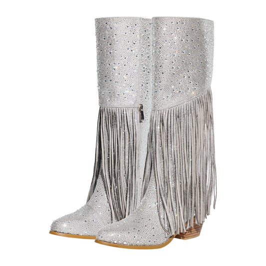 Chunky Heel Rhinestone Tassel Knee High Boots - Onlymaker