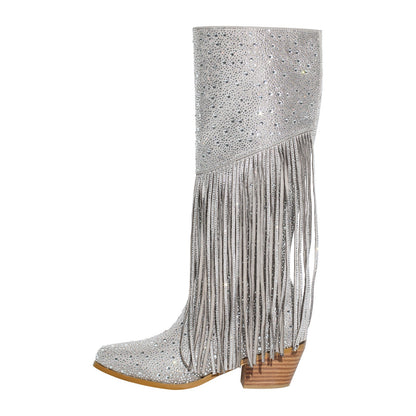 Chunky Heel Rhinestone Tassel Knee High Boots - Onlymaker