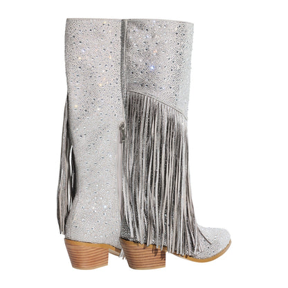 Chunky Heel Rhinestone Tassel Knee High Boots - Onlymaker