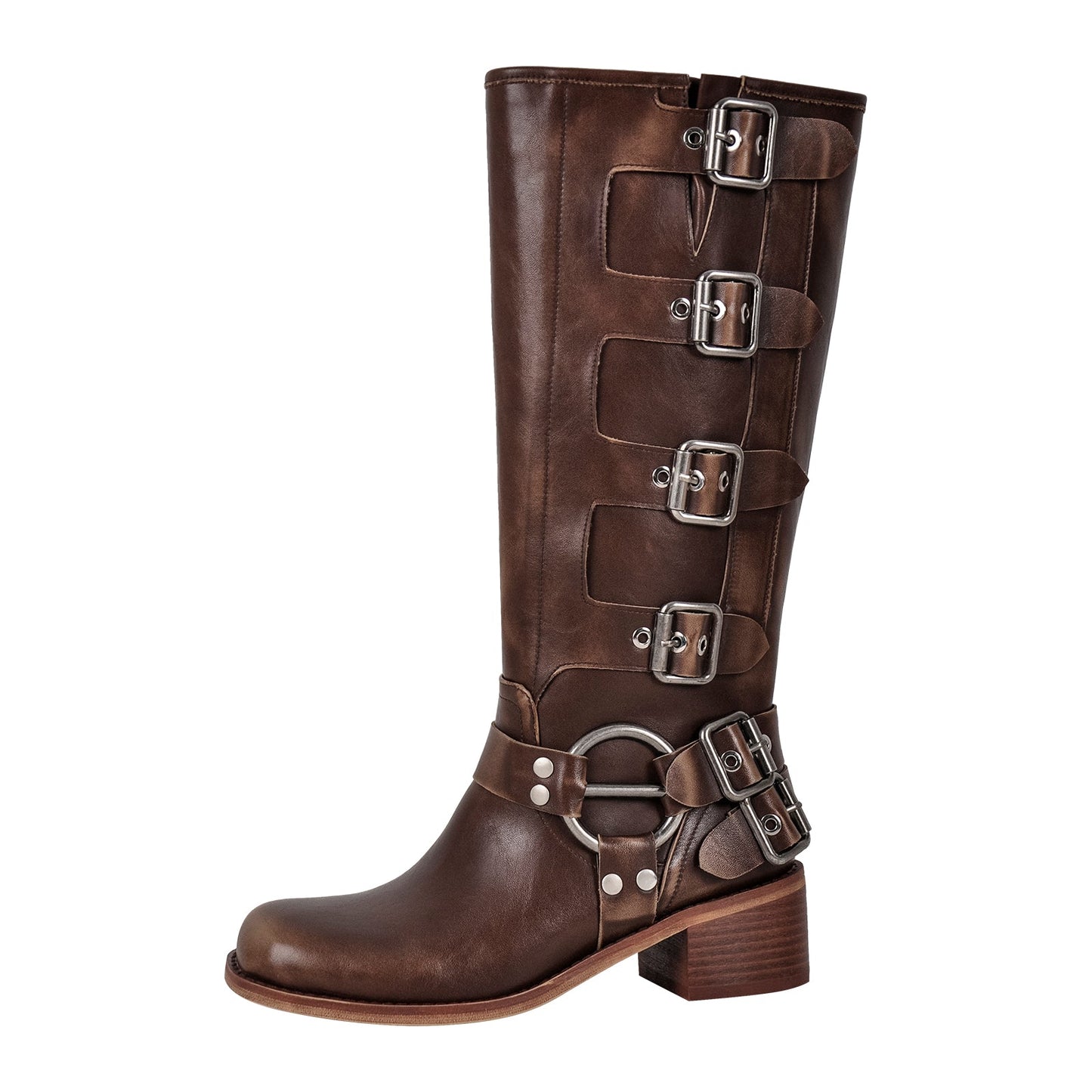 Round Toe Chunky Heel Buckle Strap Western Knee-High Boots - Onlymaker
