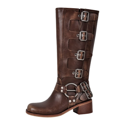 Round Toe Chunky Heel Buckle Strap Western Knee-High Boots - Onlymaker