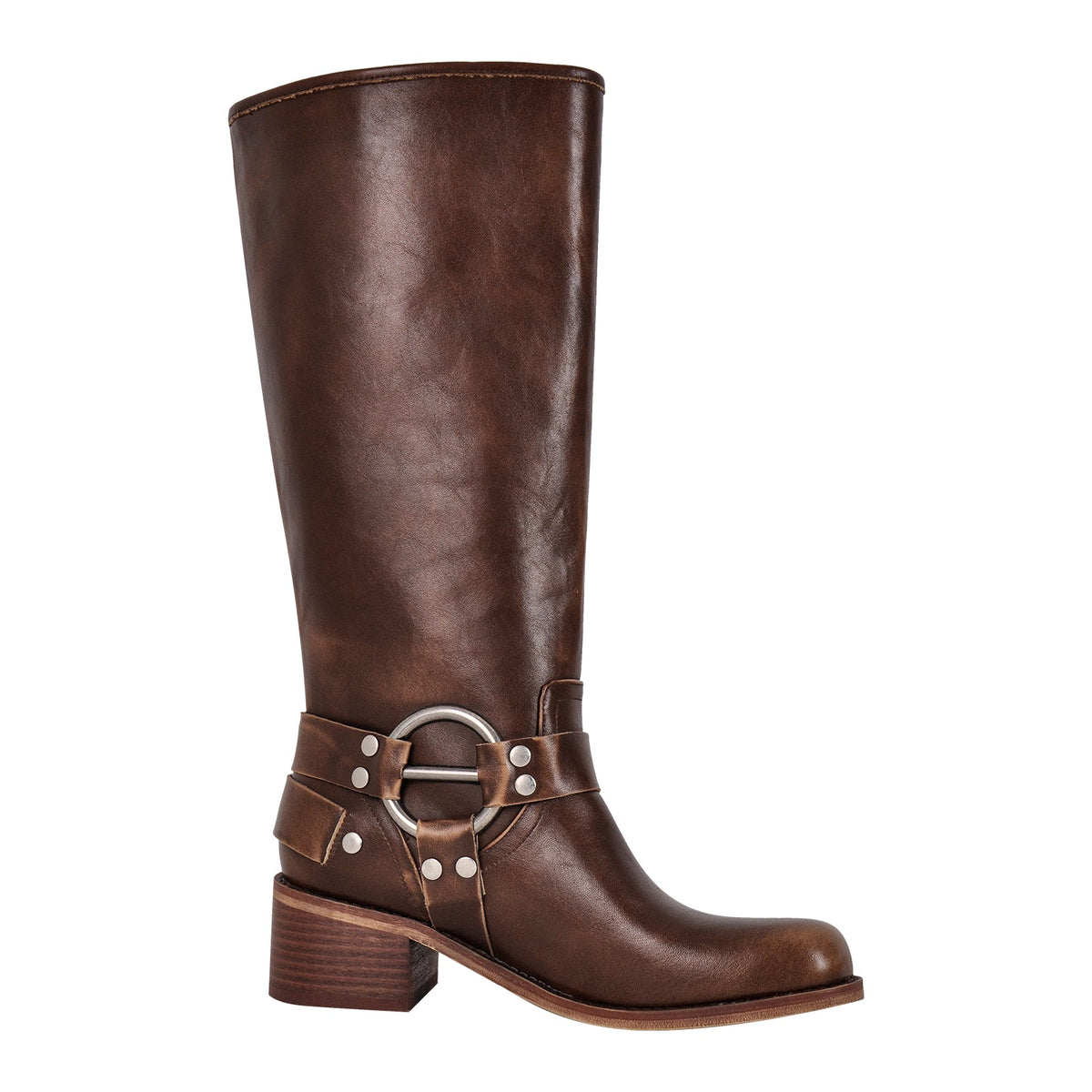 Round Toe Chunky Heel Buckle Strap Western Knee-High Boots - Onlymaker