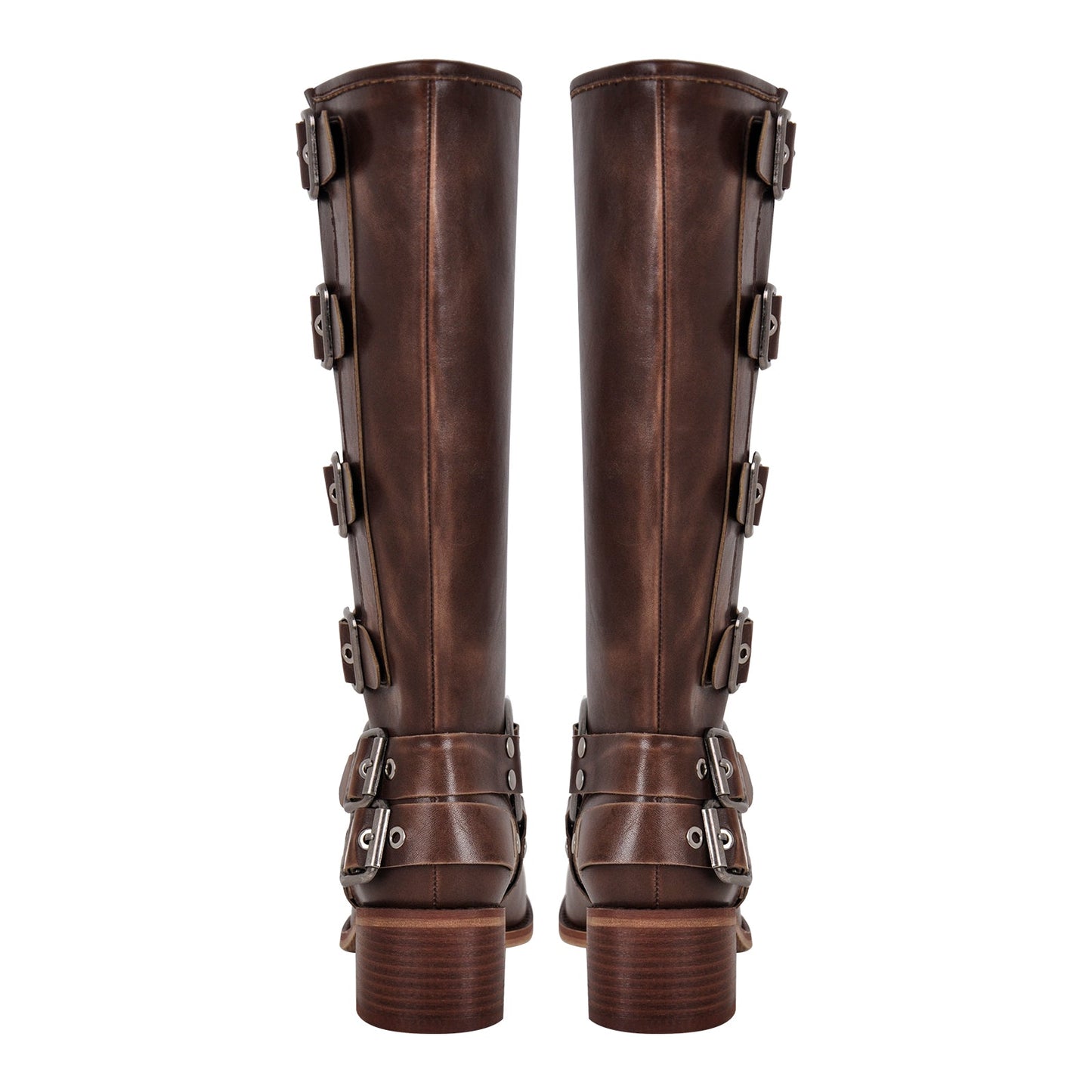 Round Toe Chunky Heel Buckle Strap Western Knee-High Boots - Onlymaker