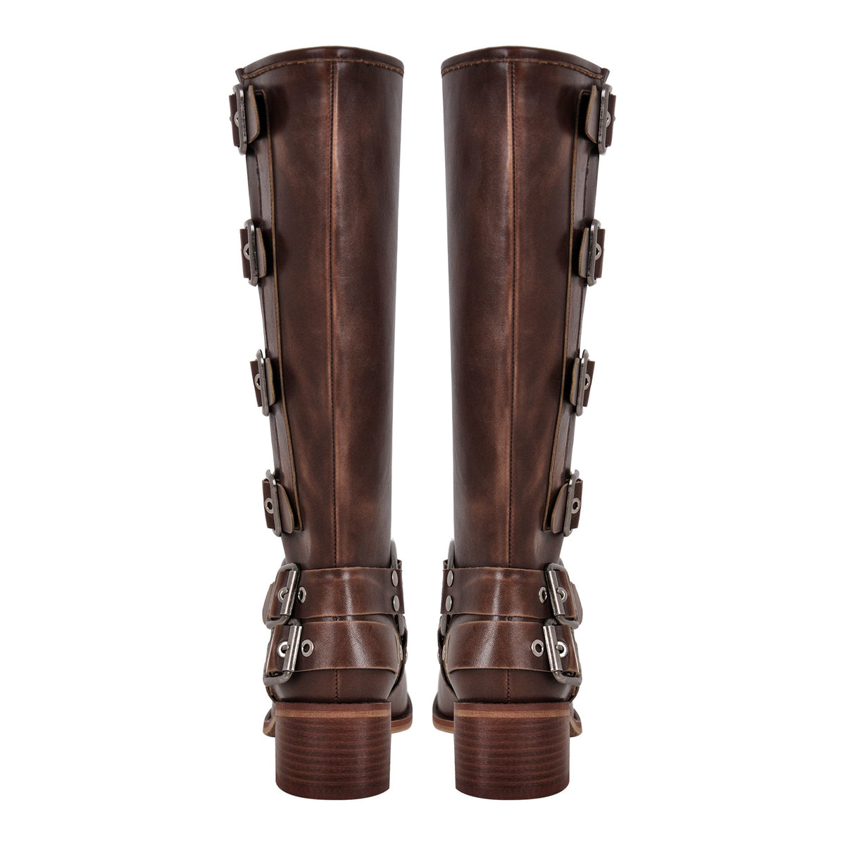 Round Toe Chunky Heel Buckle Strap Western Knee-High Boots - Onlymaker