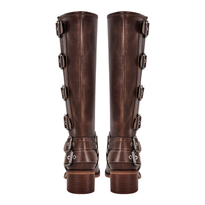 Round Toe Chunky Heel Buckle Strap Western Knee-High Boots - Onlymaker