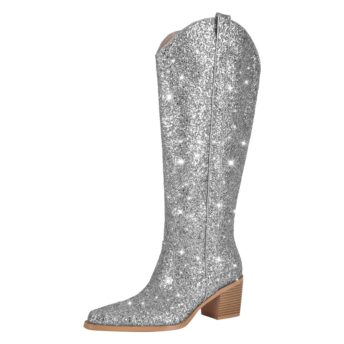 Glitter Chunky Heel Thigh High Boots - Onlymaker