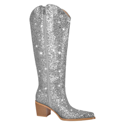 Glitter Chunky Heel Thigh High Boots - Onlymaker