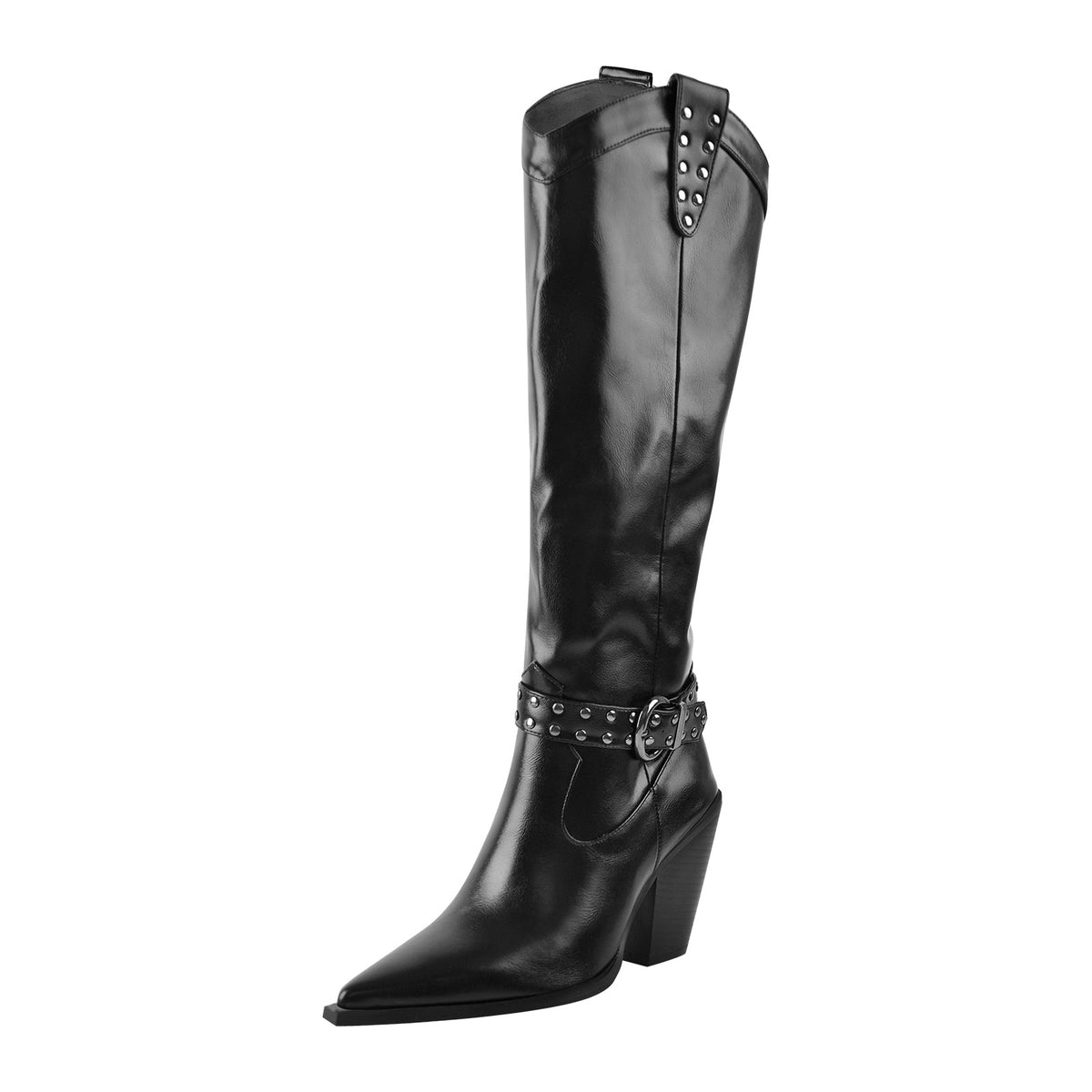 Black Pointed Toe Rivet Belt Cowboy Zipper Boots - Onlymaker