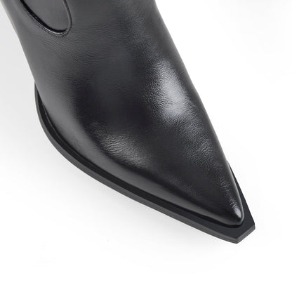 Black Pointed Toe Rivet Belt Cowboy Zipper Boots - Onlymaker