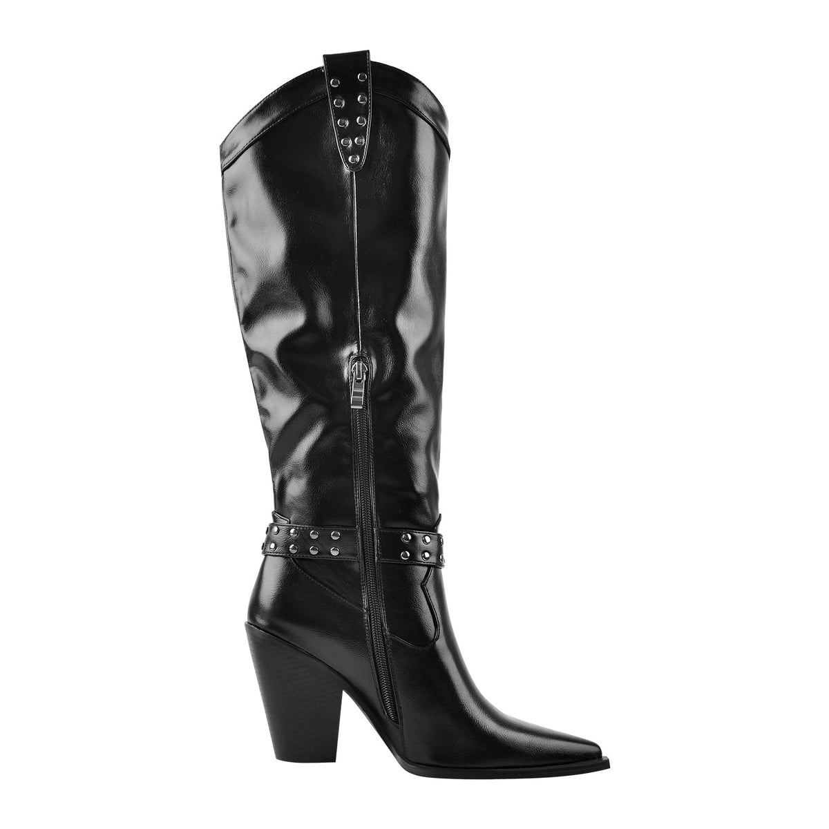 Black Pointed Toe Rivet Belt Cowboy Zipper Boots - Onlymaker