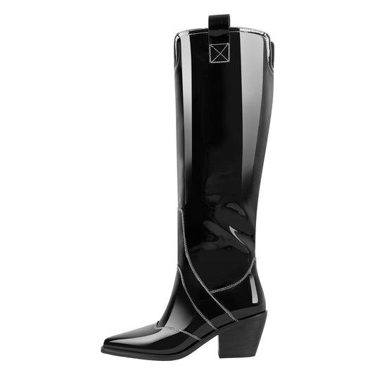 Pointed Toe Patent Pull On Cowboy Boots - Onlymaker