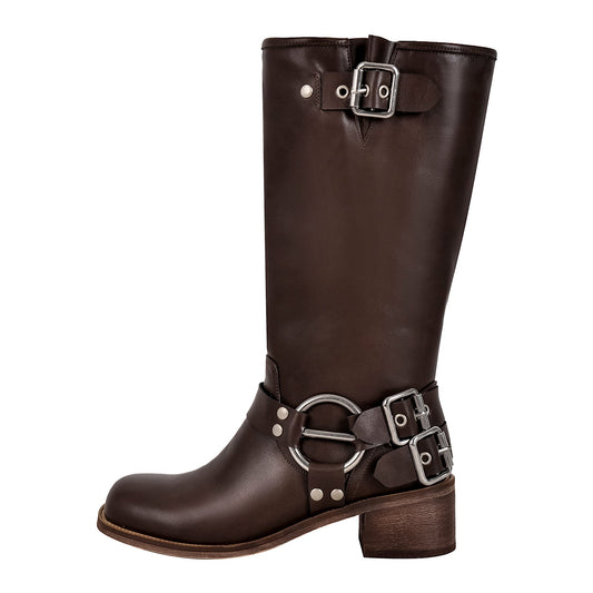 Square Toe Buckle Knee High Western Boots - Onlymaker