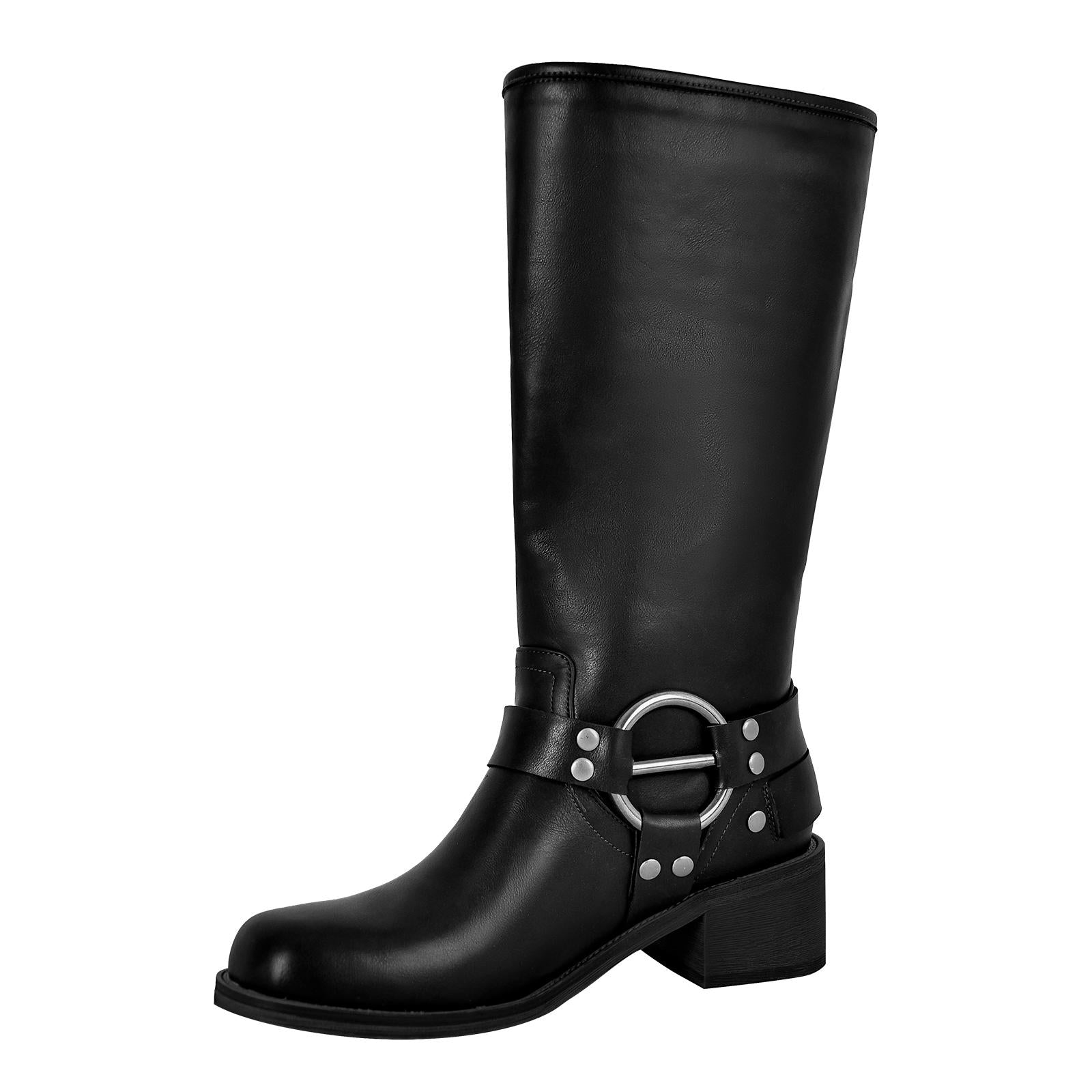 Square Toe Buckle Knee High Western Boots - Onlymaker