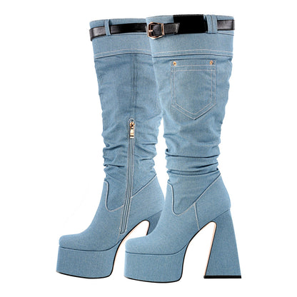 Denim Square Toe Chunky Heel Platform Boots - Onlymaker