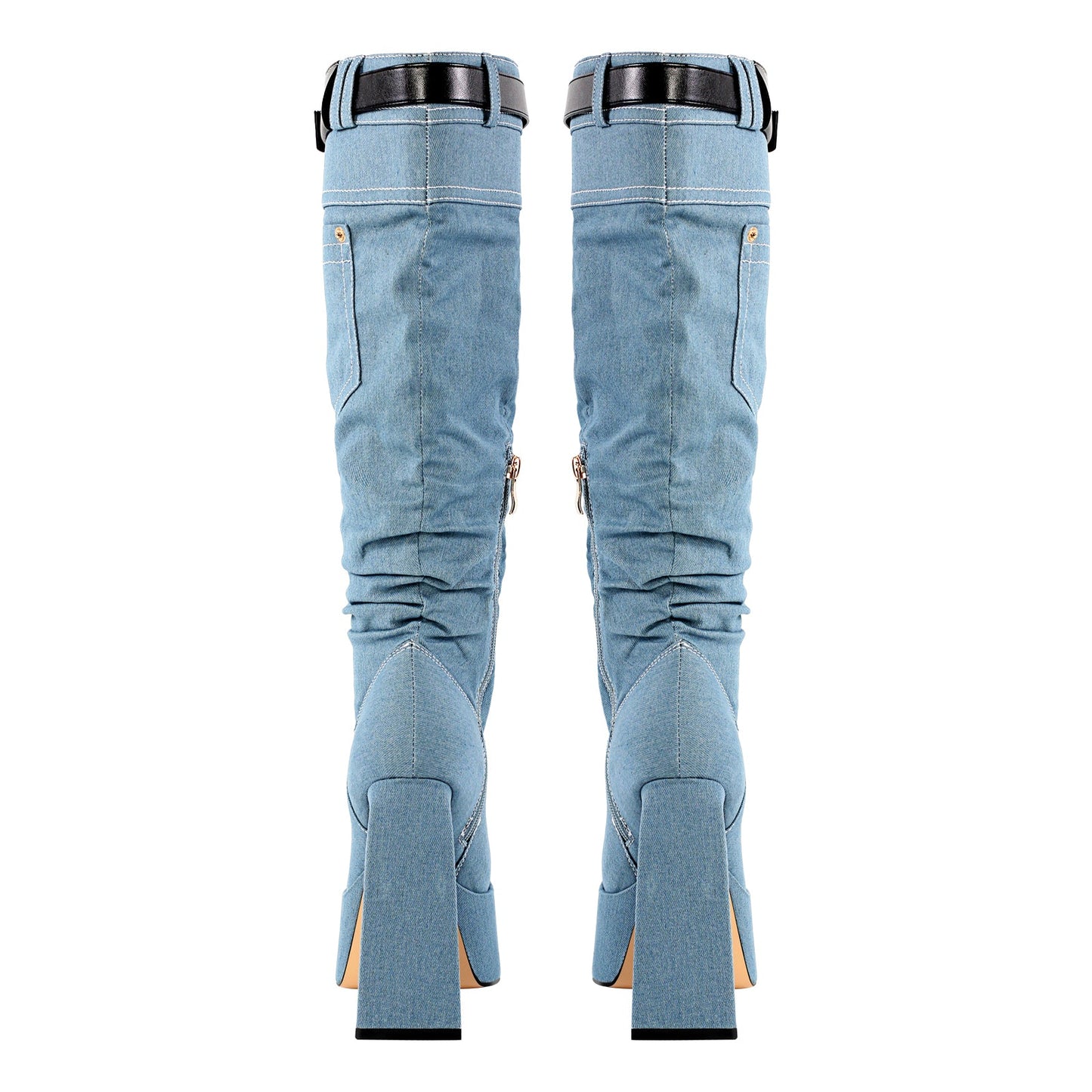 Denim Square Toe Chunky Heel Platform Boots - Onlymaker