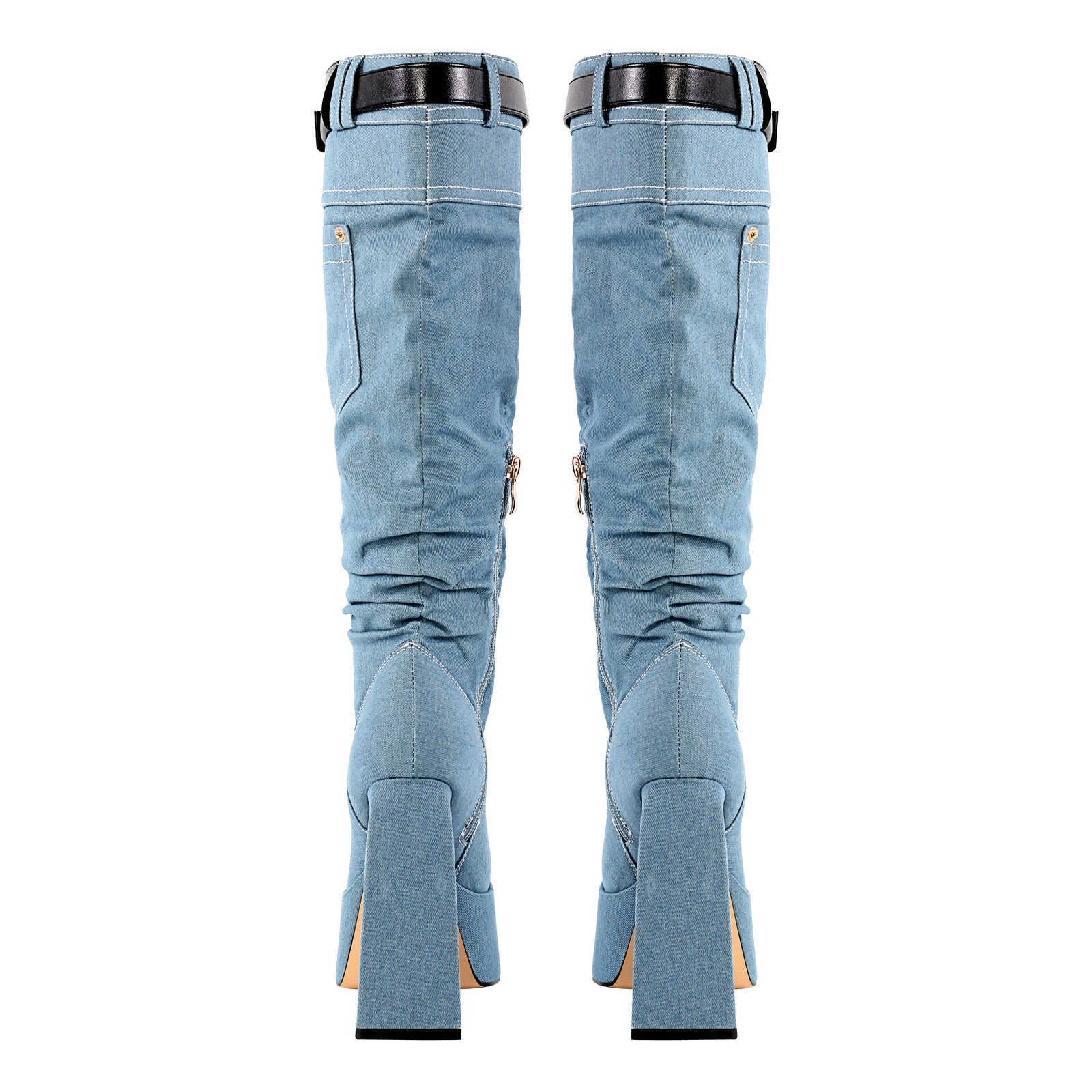 Denim Square Toe Chunky Heel Platform Boots - Onlymaker