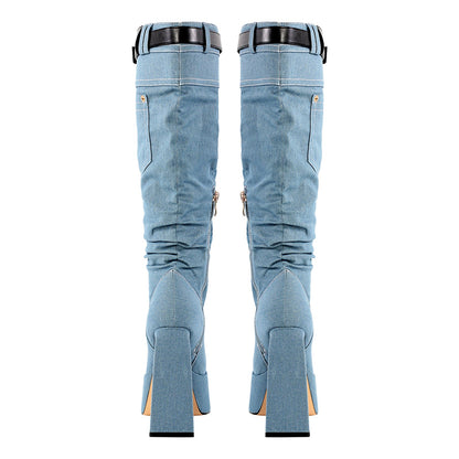 Denim Square Toe Chunky Heel Platform Boots - Onlymaker