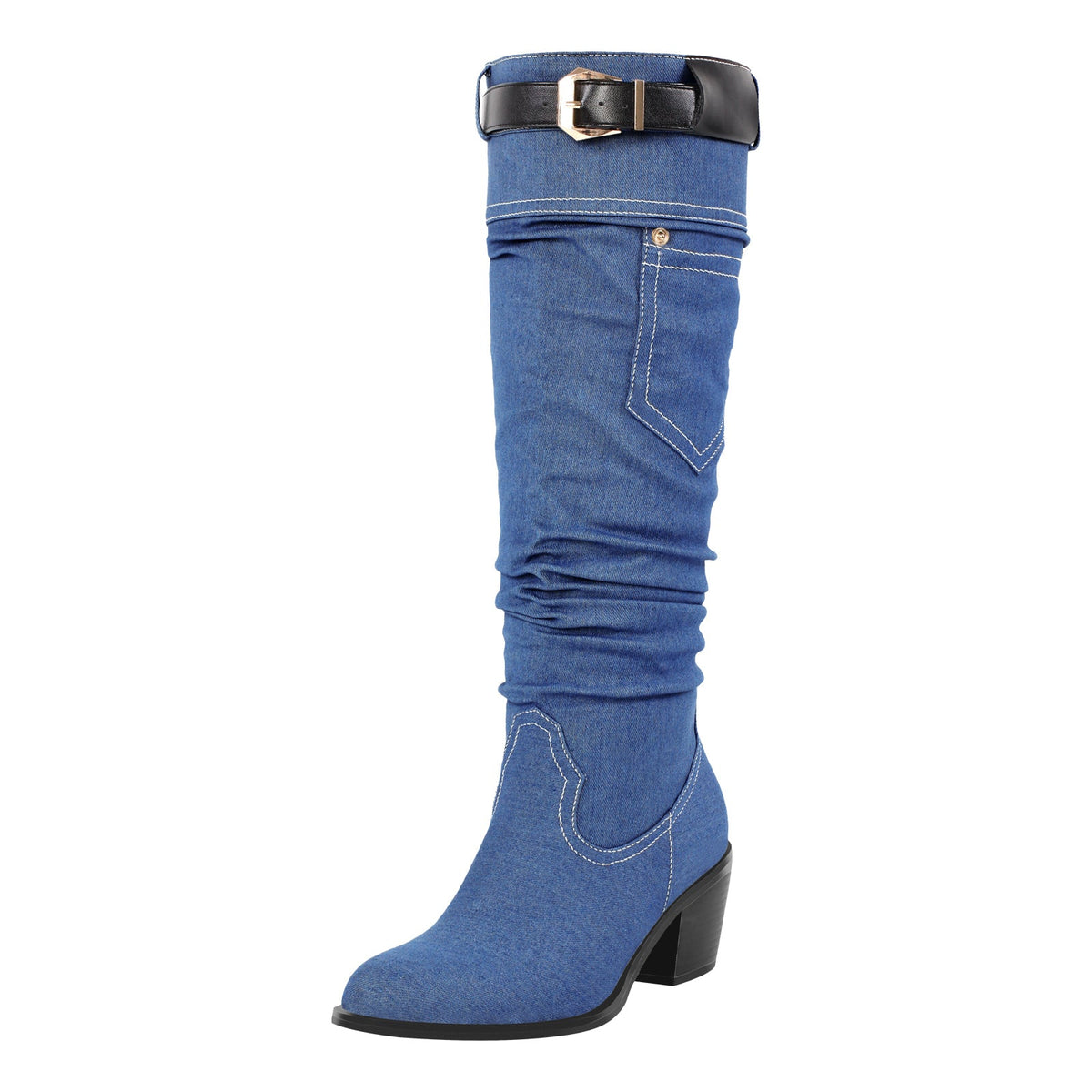 Denim Round Toe Chunky Heel Thigh Boots - Onlymaker