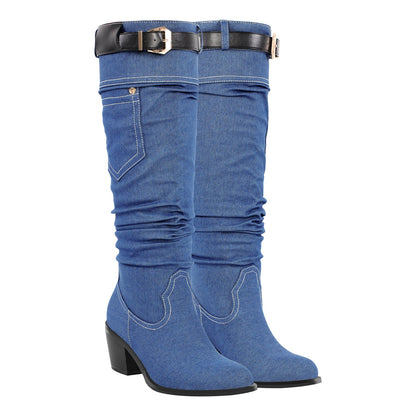 Denim Round Toe Chunky Heel Thigh Boots - Onlymaker