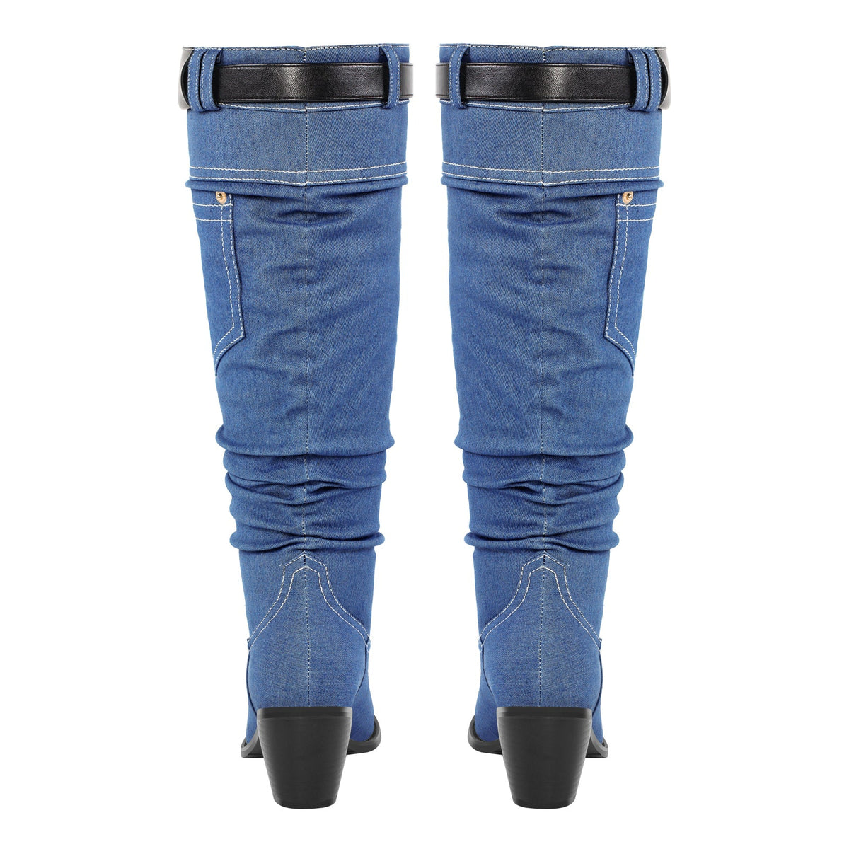 Denim Round Toe Chunky Heel Thigh Boots - Onlymaker