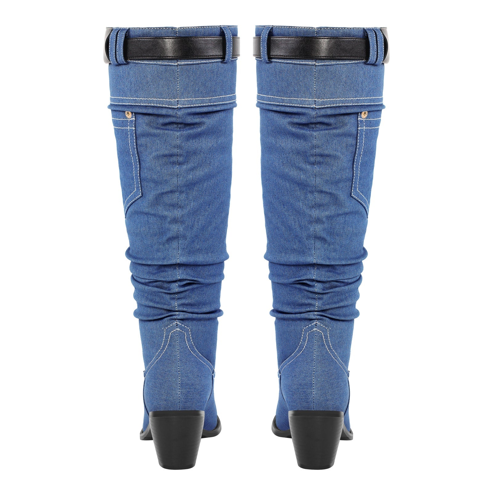 Denim Round Toe Chunky Heel Thigh Boots - Onlymaker