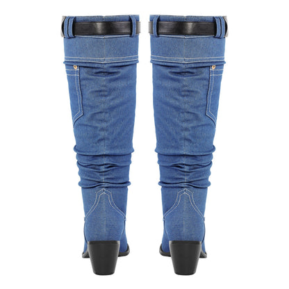 Denim Round Toe Chunky Heel Thigh Boots - Onlymaker