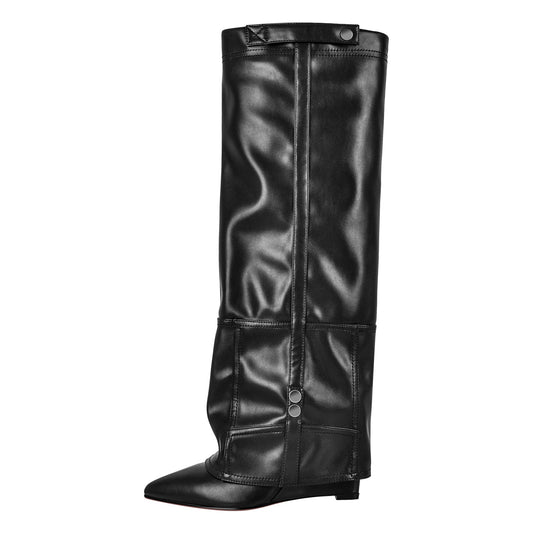 Denim Pointed Toe Wedge Heel Fold Over Boots - Onlymaker