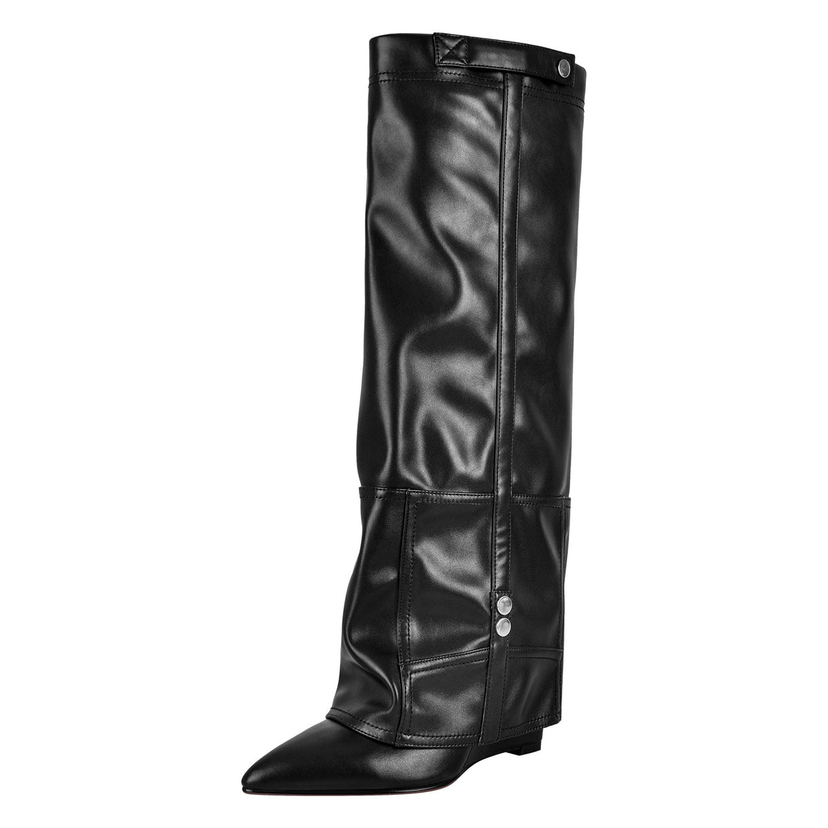 Denim Pointed Toe Wedge Heel Fold Over Boots - Onlymaker
