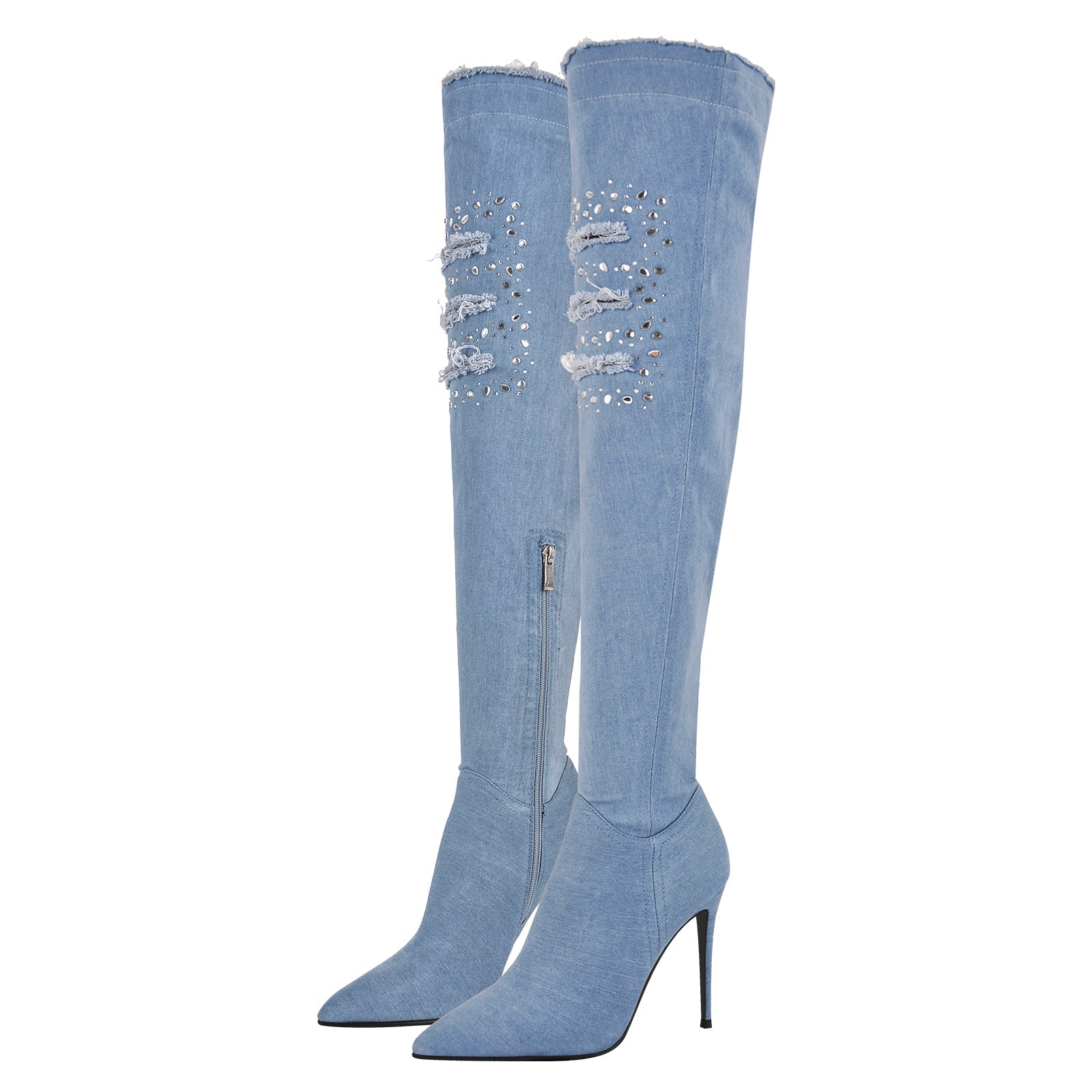 Denim Pointed Toe High Stiletto Over The Knee Boots - Onlymaker