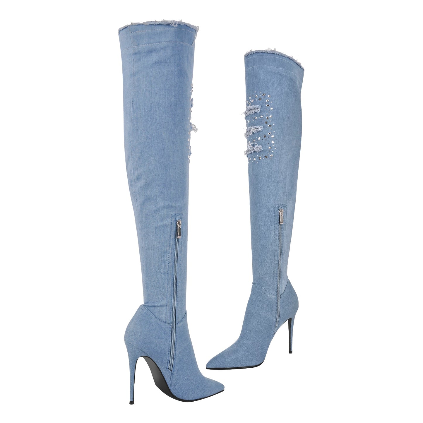 Denim Pointed Toe High Stiletto Over The Knee Boots - Onlymaker
