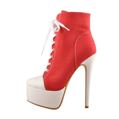 Canvas High Heel Sneaker Lace Up Platform Ankle Boots - Onlymaker