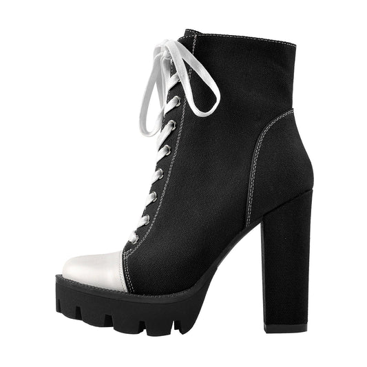 Platform Lace Up Canvas Chunky Heel Boots - Onlymaker