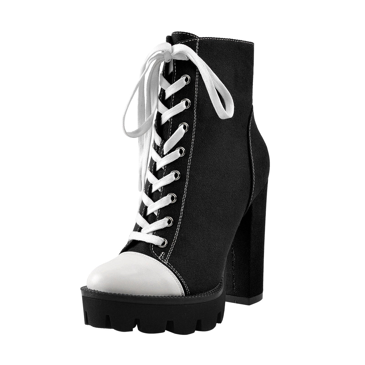Platform Lace Up Canvas Chunky Heel Boots - Onlymaker