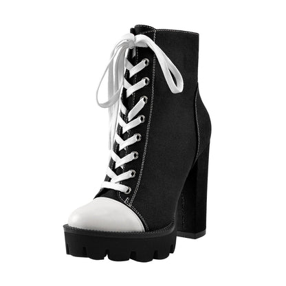 Platform Lace Up Canvas Chunky Heel Boots - Onlymaker