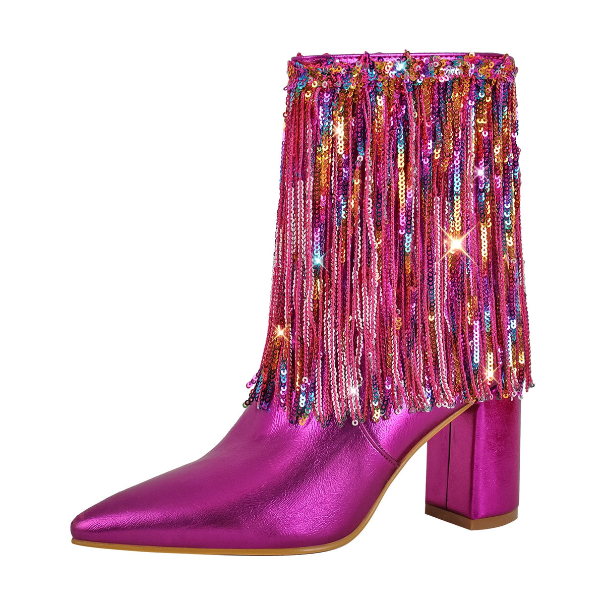 Sequins Pointed Toe Chunky Heel Ankle Boots - Onlymaker