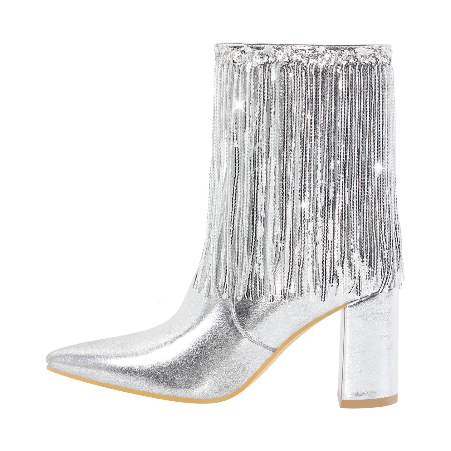 Sequins Pointed Toe Chunky Heel Ankle Boots - Onlymaker