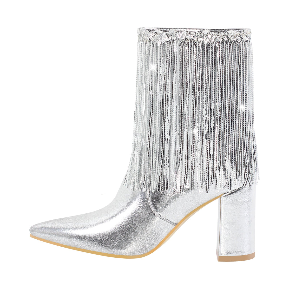 Sequins Pointed Toe Chunky Heel Ankle Boots - Onlymaker