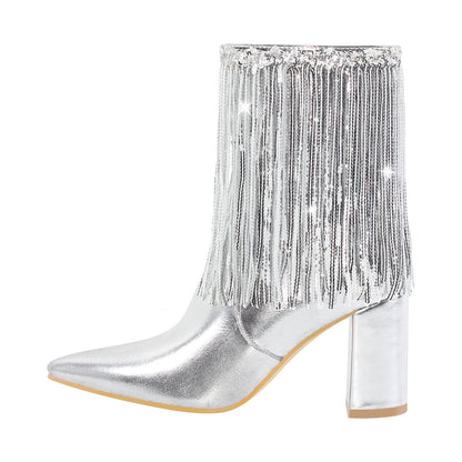 Sequins Pointed Toe Chunky Heel Ankle Boots - Onlymaker