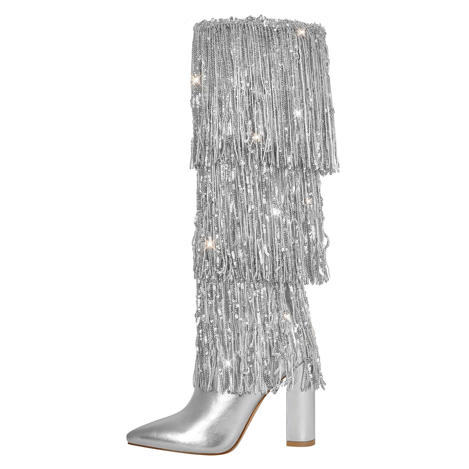 Pointed Toe Chunky Heel Fringe Sequin Boots - Onlymaker