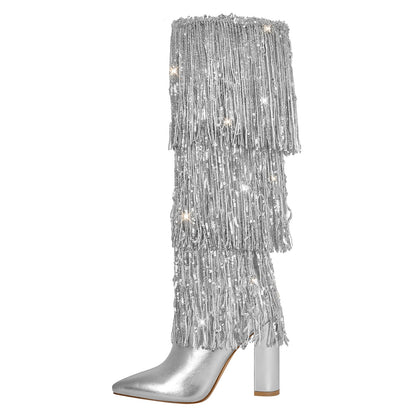 Pointed Toe Chunky Heel Fringe Sequin Boots - Onlymaker