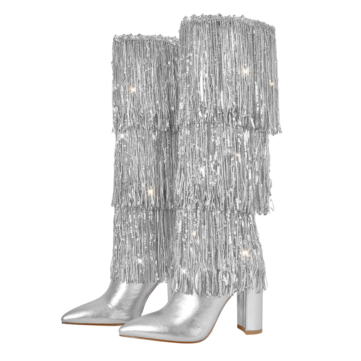 Pointed Toe Chunky Heel Fringe Sequin Boots - Onlymaker