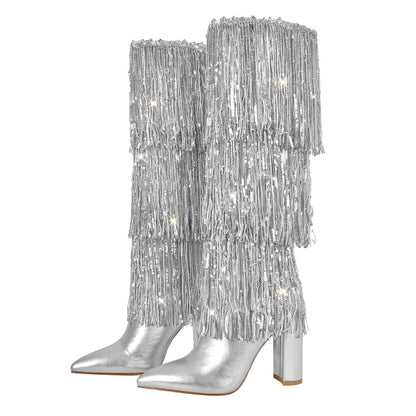 Pointed Toe Chunky Heel Fringe Sequin Boots - Onlymaker