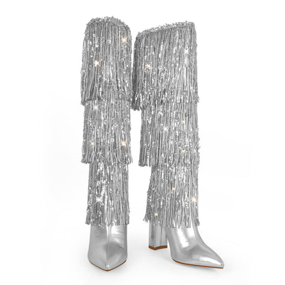 Pointed Toe Chunky Heel Fringe Sequin Boots - Onlymaker
