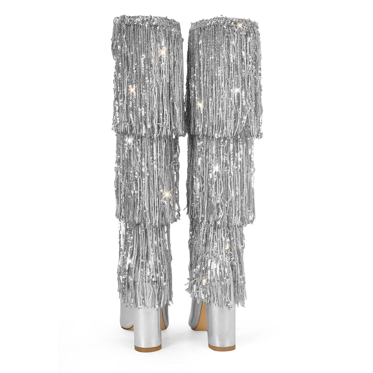 Pointed Toe Chunky Heel Fringe Sequin Boots - Onlymaker