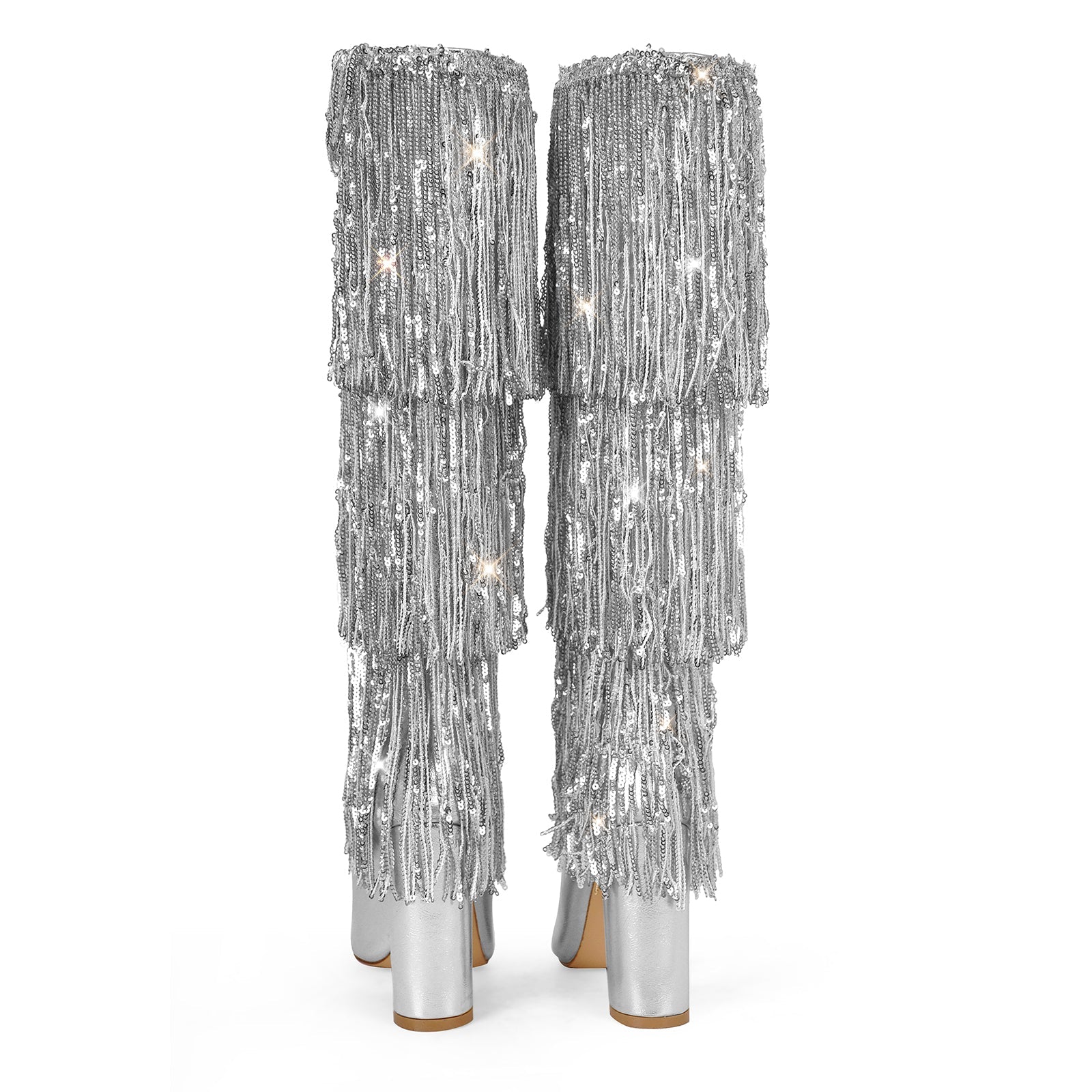Pointed Toe Chunky Heel Fringe Sequin Boots - Onlymaker