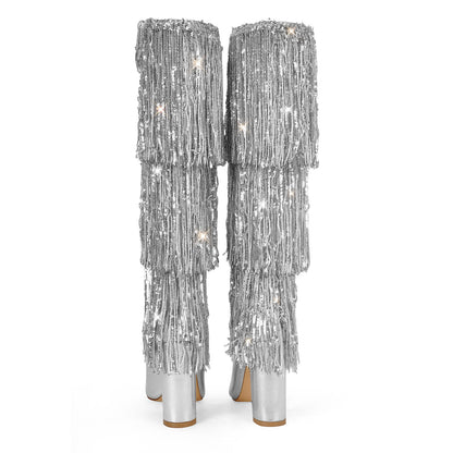Pointed Toe Chunky Heel Fringe Sequin Boots - Onlymaker